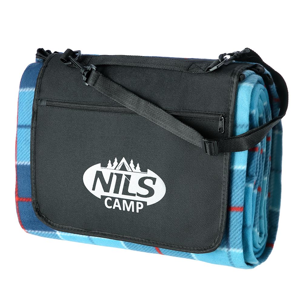NILS CAMP Picknickdecke Blau karriert 250x200 cm - große Outdoor Decke mit Aluminium für Strand & Garten