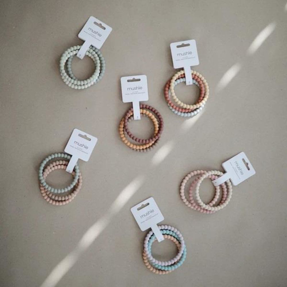 Mushie Beißring Perlen 3er Set, Mellow/Terracotta/Periwinkle, Armband aus Silikon, BPA-frei