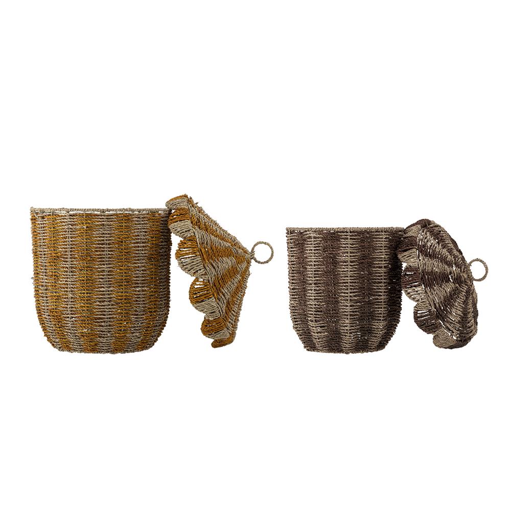 Bloomingville MINI Cikkeline Korb 2er Set bunt - Aufbewahrungskorb Seegras mit Deckel Kinderzimmer