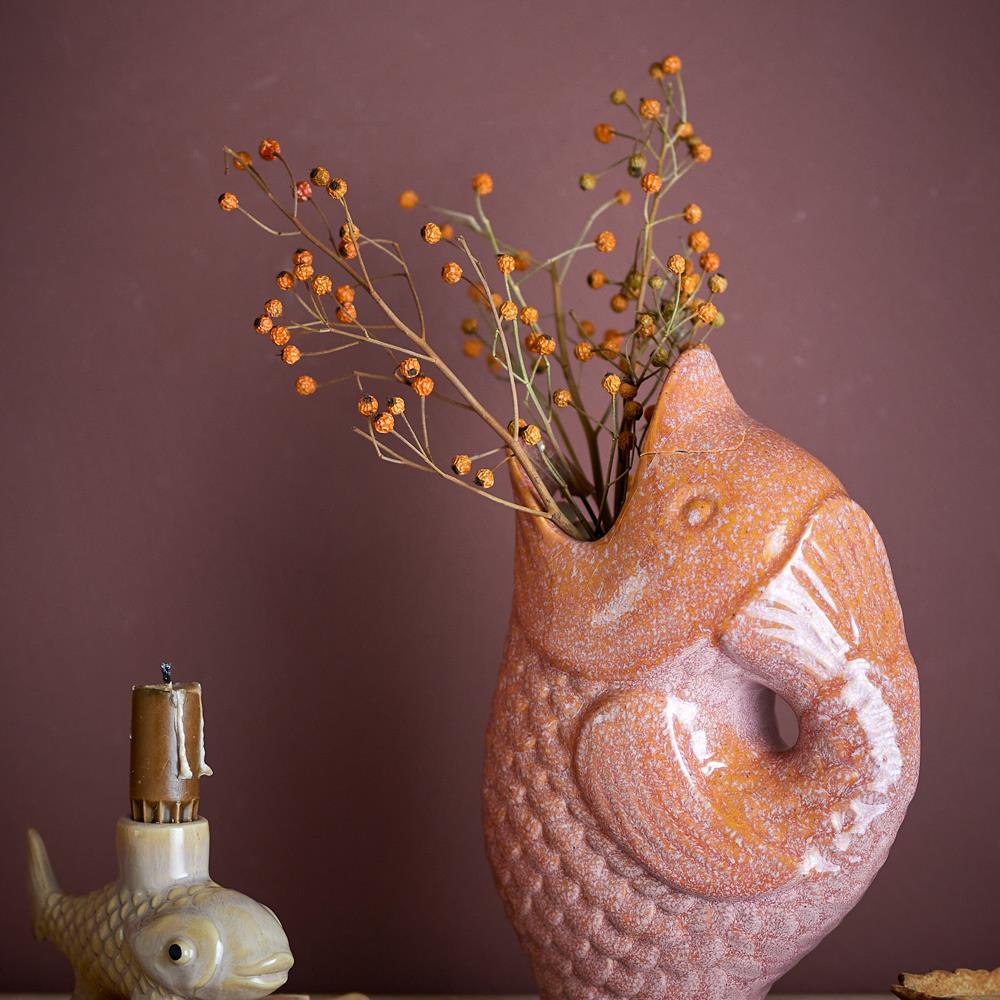 Bloomingville Harvey Vase Braun Steingut Fischform mediterran 24cm