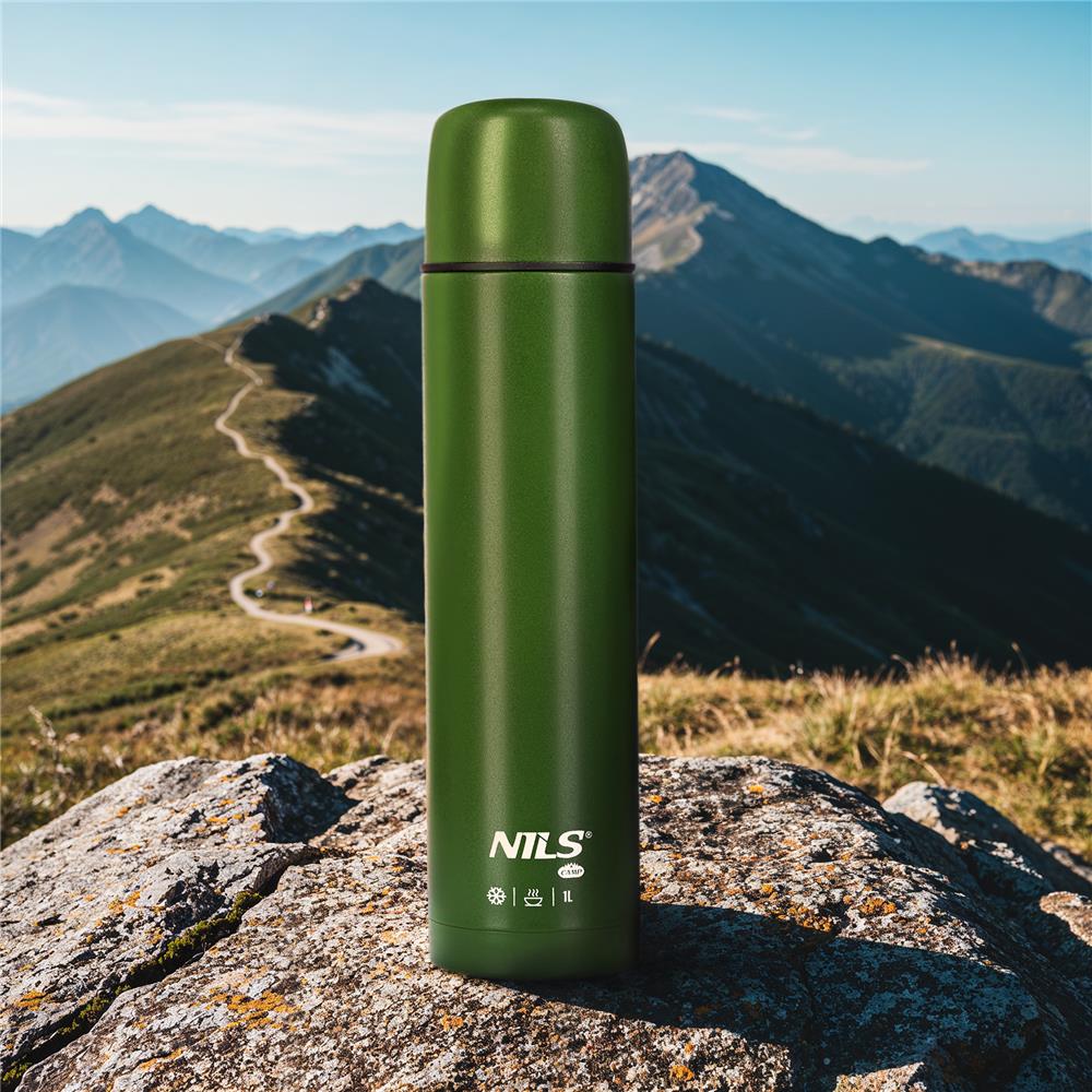 NILS CAMP Thermoskanne 1L Edelstahl grün isoliert für Camping Reisen Outdoor