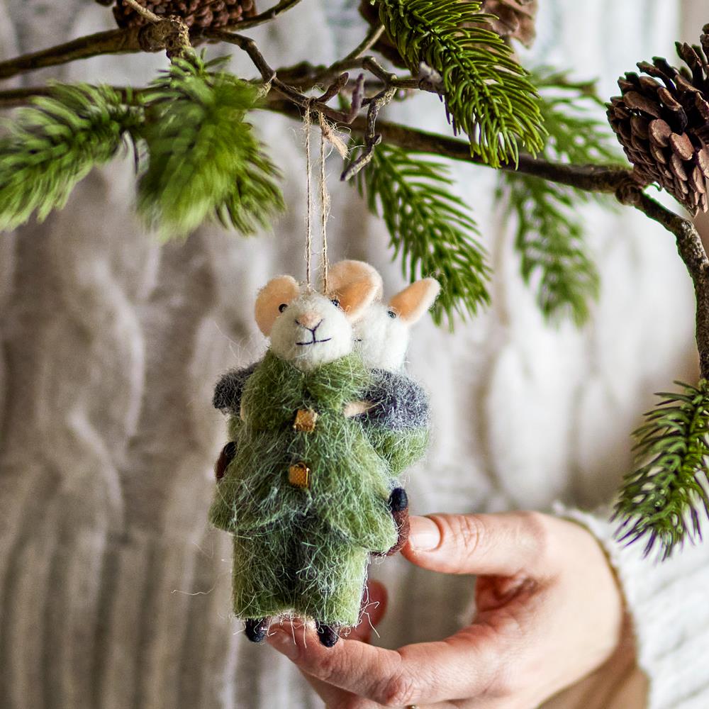 Bloomingville Peo Weihnachtsanhänger Grün Wolle Mäuse Deko zum Aufhängen