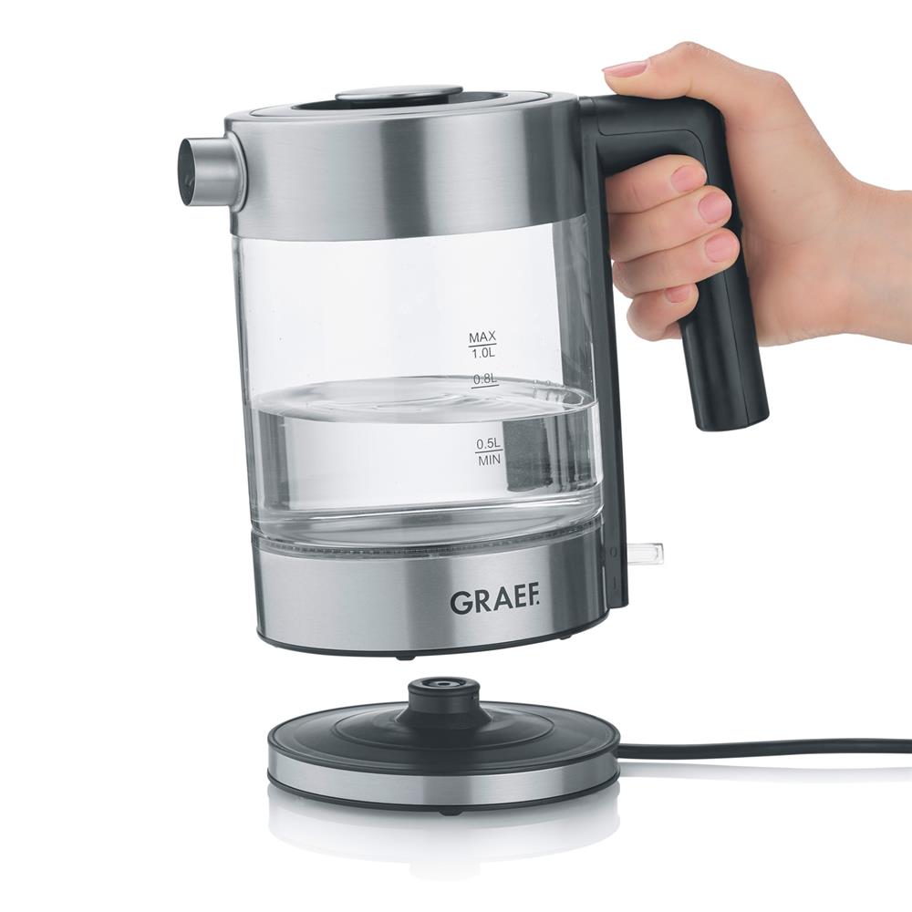 GRAEF Glas Wasserkocher WK300 1 Liter LED Beleuchtung Edelstahl drehbar Abnehmbarer Deckel | B-Ware