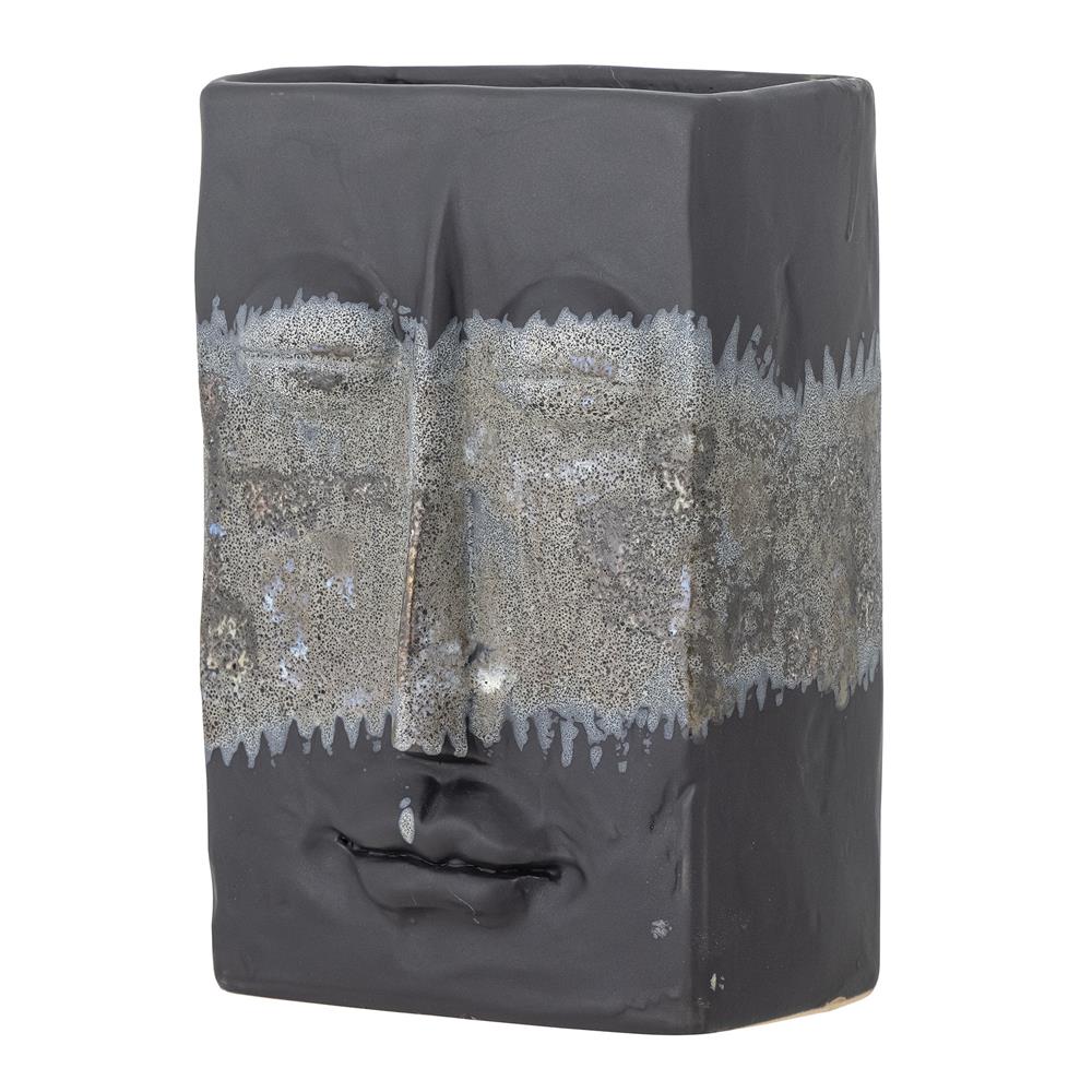 Bloomingville Nasru Vase – Schwarzes Steingut mit Gesichtsform, L15xH22xW10,5 cm