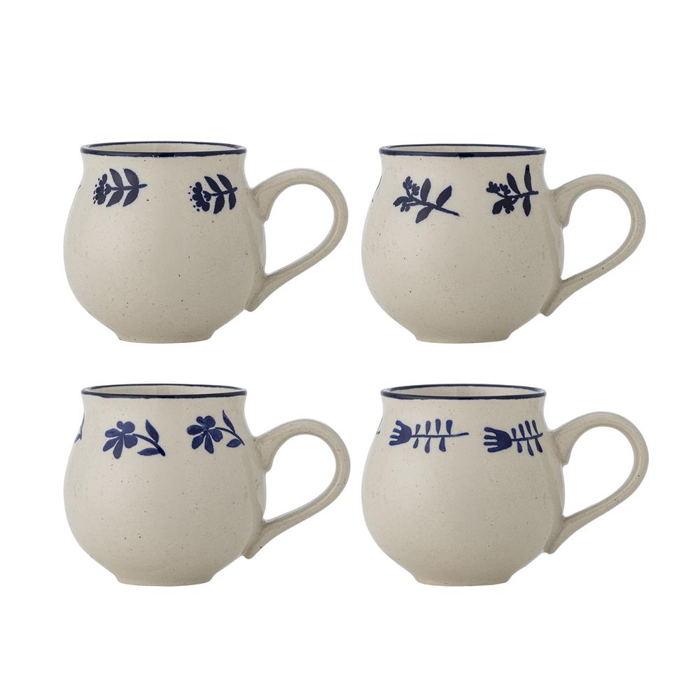 Bloomingville Eimy Tasse 4er Set 225 ml D9,5 cm blau - Steingut Tassen mit Blumenmotiv für Küche