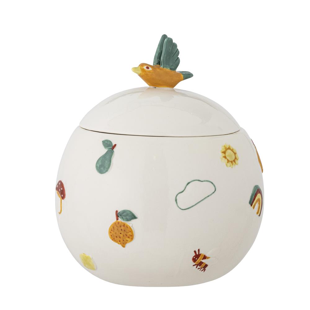 Bloomingville MINI Agnes Gefäß mit Deckel, Vogel, Weiß, Steingut