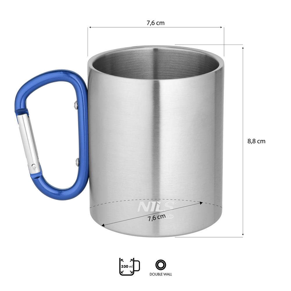 NILS CAMP Campingbecher Edelstahl 300 ml Blau - doppelwandiger Outdoor Becher mit Karabiner für Camping