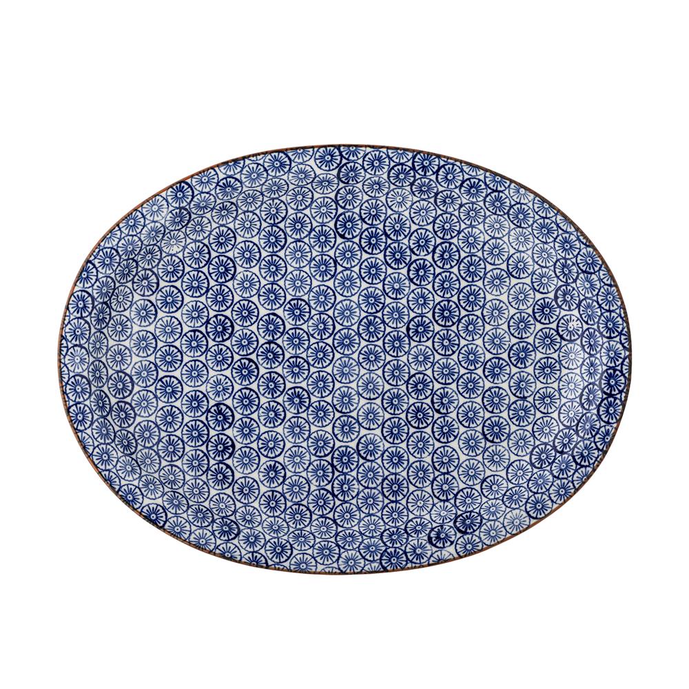 Bloomingville Karine Servierplatte blau - Steingut Platte mit Blumenmuster für Tischdeko Küche