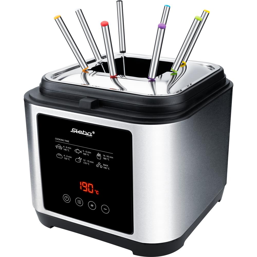 Steba DF 150 F Fritteuse mit Fondue-Set – 2,5L, stufenloser Temperaturregler, 1200W, Edelstahlgehäuse, inkl. 8 Fonduegabeln