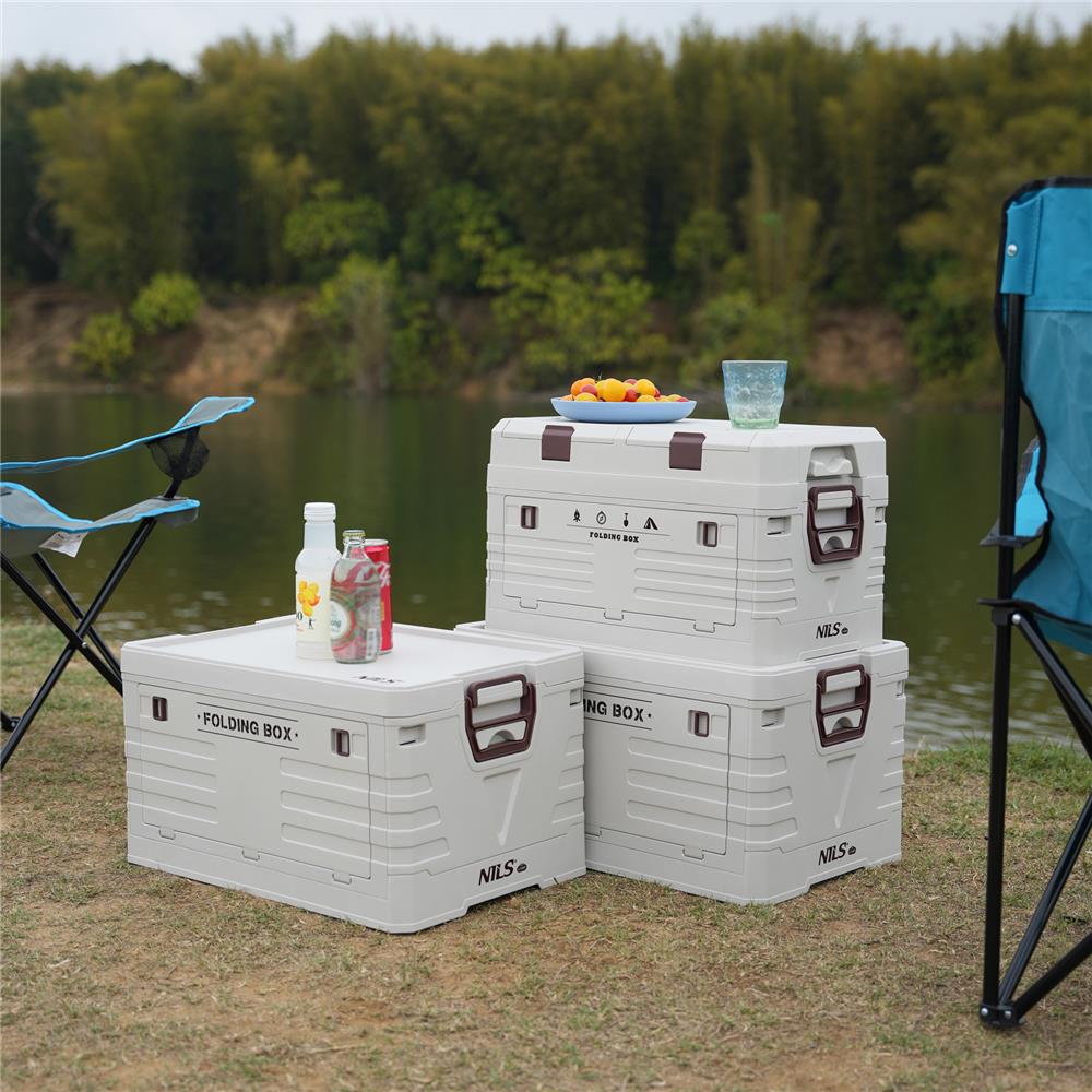 NILS CAMP faltbare Reisebox 42L in Beige - stapelbare Campingbox mit Organizerfächern