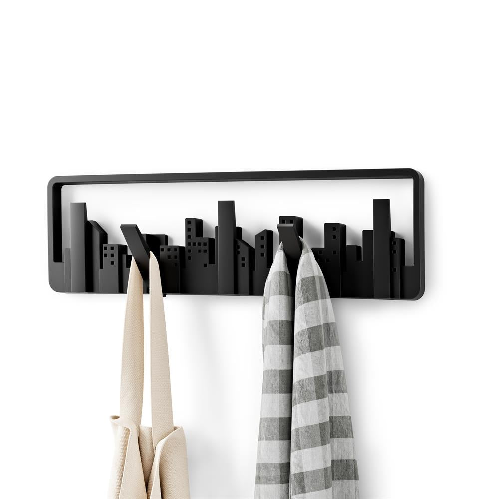 Umbra Skyline Garderobenhaken Schwarz Moderne und Platzsparende Garderobenleiste mit 5 Beweglichen Haken für Jacken Mäntel Schals Handtaschen