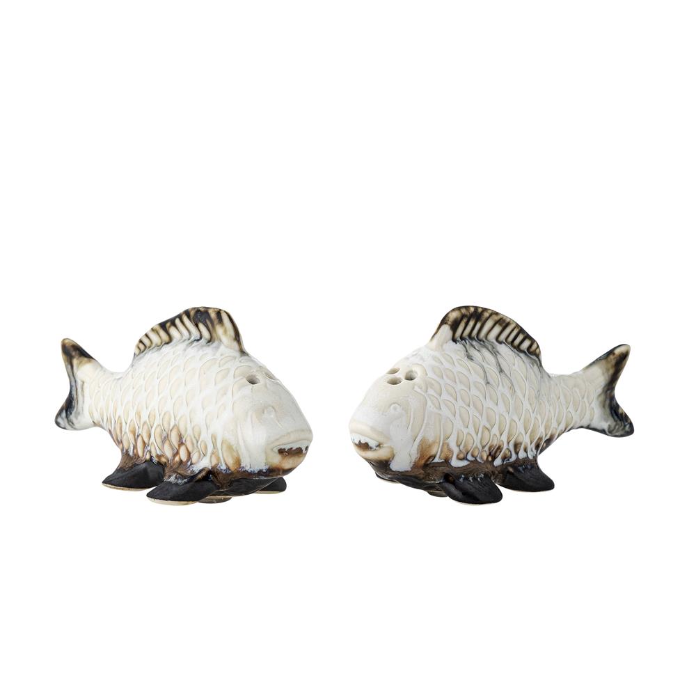 Bloomingville Chase Salz‑ und Pfefferset aus Steingut in Weiß, Fisch‑Design, maritimer Tischakzent