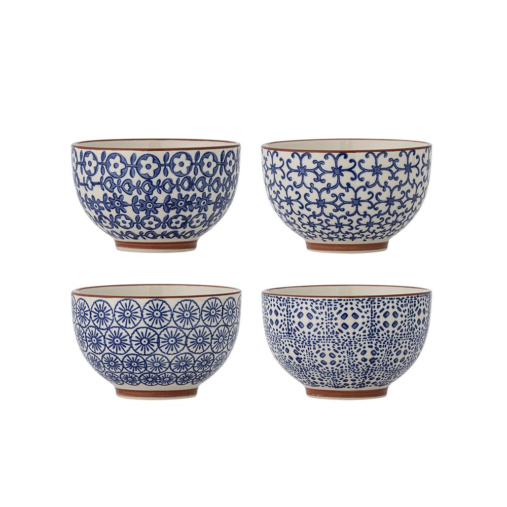 Bloomingville Karine Schalen 4er Set blau Steingut floral Muster 280 ml