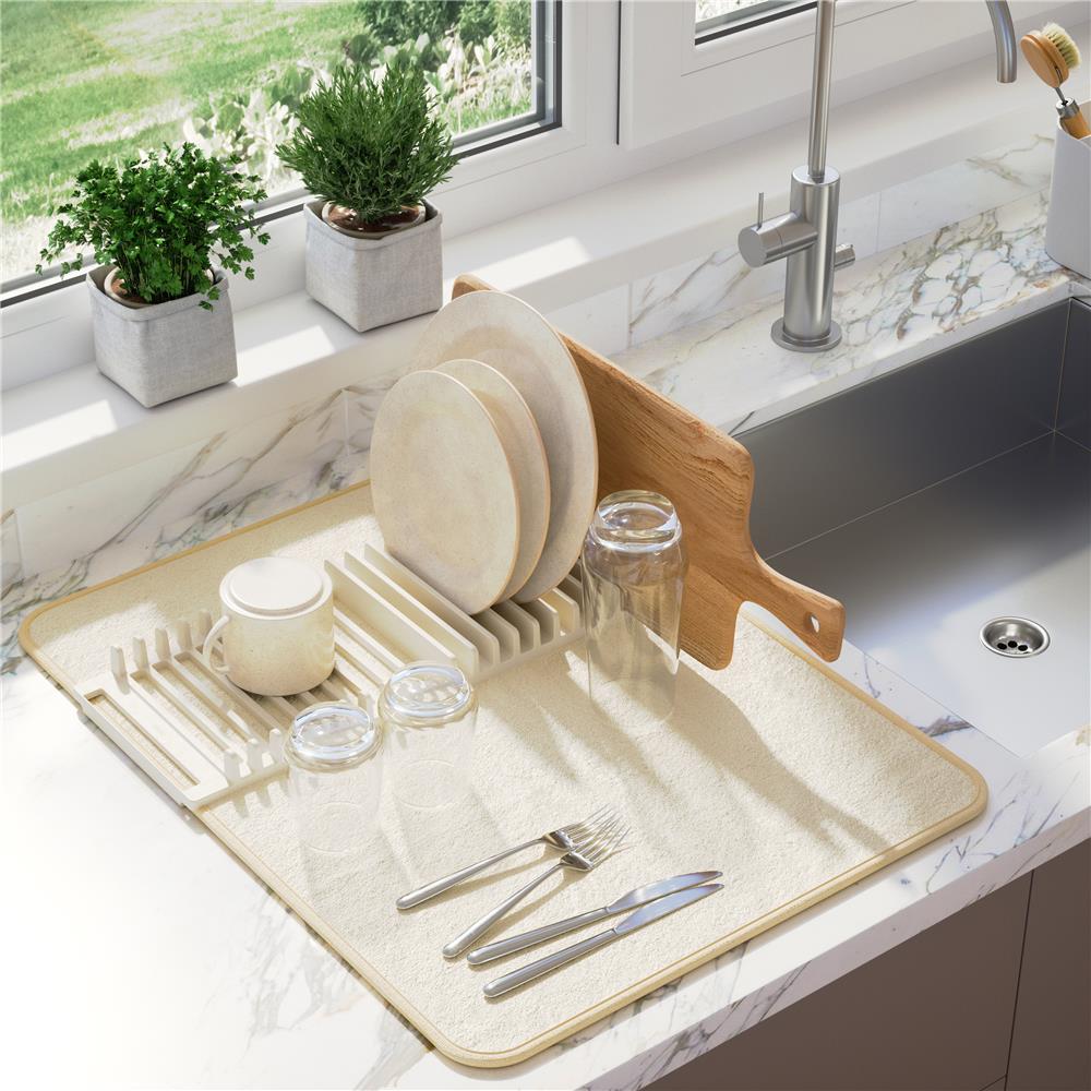 Umbra Udry Geschirr Abtropfgestell und Mikrofaser Abtropfmatte, Faltbar, Platzsparend, 61 x 45 cm, in Beige