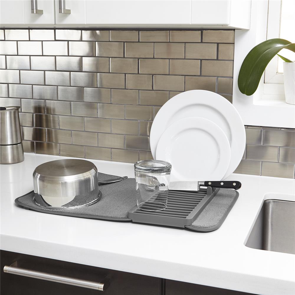 Umbra Udry Mini Geschirr Abtropfgestell und Mikrofaser Abtropfmatte Faltbar Platzsparend und Leicht Verstaubar 50 x 33 cm