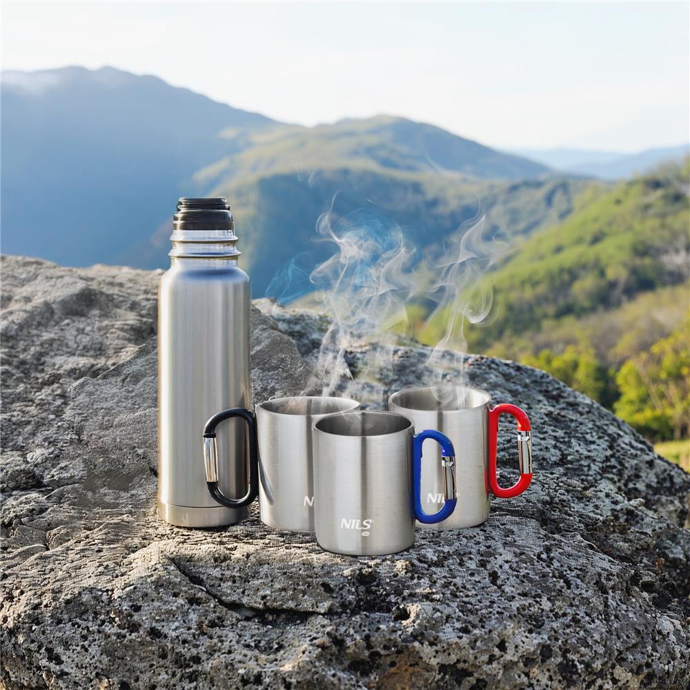 NILS CAMP Campingbecher Edelstahl 300 ml Blau - doppelwandiger Outdoor Becher mit Karabiner für Camping