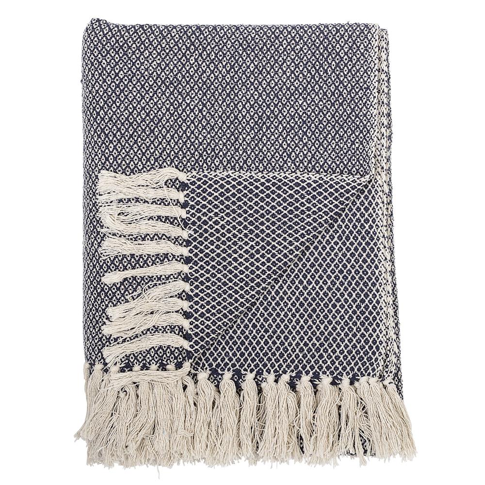 Bloomingville Decke Barry 160x130 cm Blau Baumwolle mit Fransen Tagesdecke Kuscheldecke