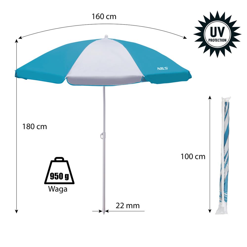 NILS CAMP Strandschirm türkis-weiß UV Schutz SPF40 für Strand Camping Garten