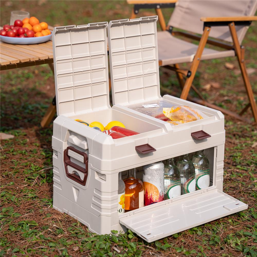 NILS CAMP faltbare Reisebox 42L in Beige - stapelbare Campingbox mit Organizerfächern