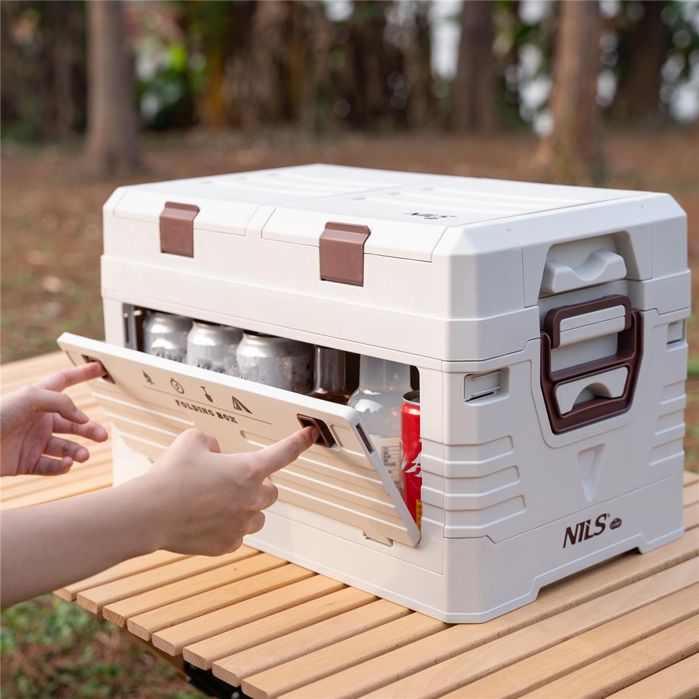 NILS CAMP faltbare Reisebox 42L in Beige - stapelbare Campingbox mit Organizerfächern
