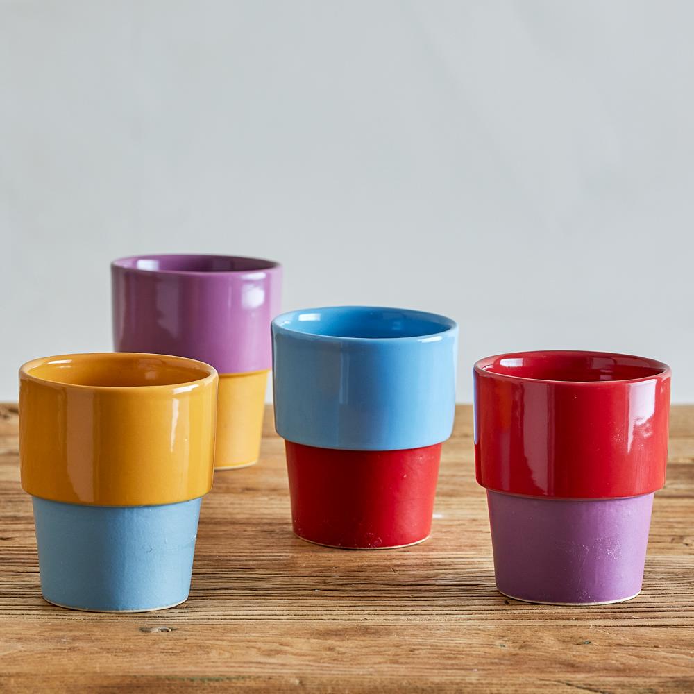 Bloomingville Ewan Tasse 4er Set bunt - Steingut Tassen Color Block für Küche & Kaffee