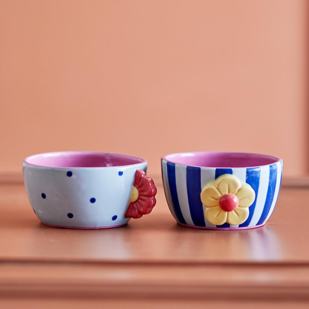 Bloomingville Haisy Schale 2er Set blau - Steingut Schalen mit Blumenmotiv für Küche & Tischdeko