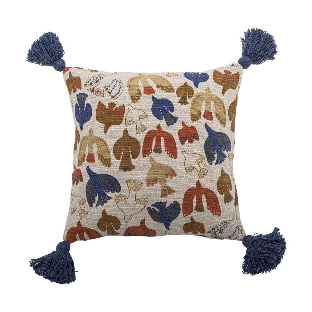 Bloomingville Anniversary Kissen bunt - Baumwollkissen mit Quasten & Vogelmotiv für Sofa & Deko