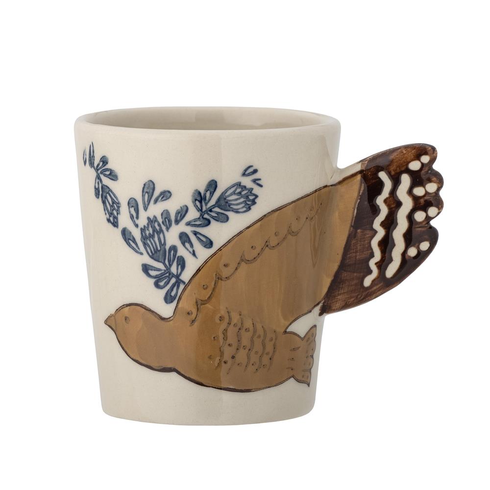 Bloomingville Hezha Tasse Natur 260 ml – Steingut mit 3D-Vogelgriff & handbemalt