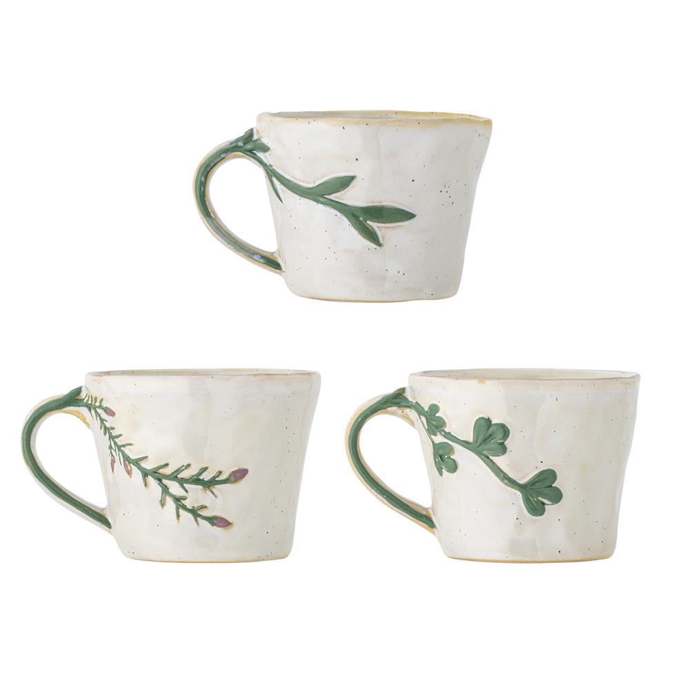 Bloomingville Loua Tasse grau aus Steingut – handbemaltes 3er Set für Kaffee & Tee in Küche