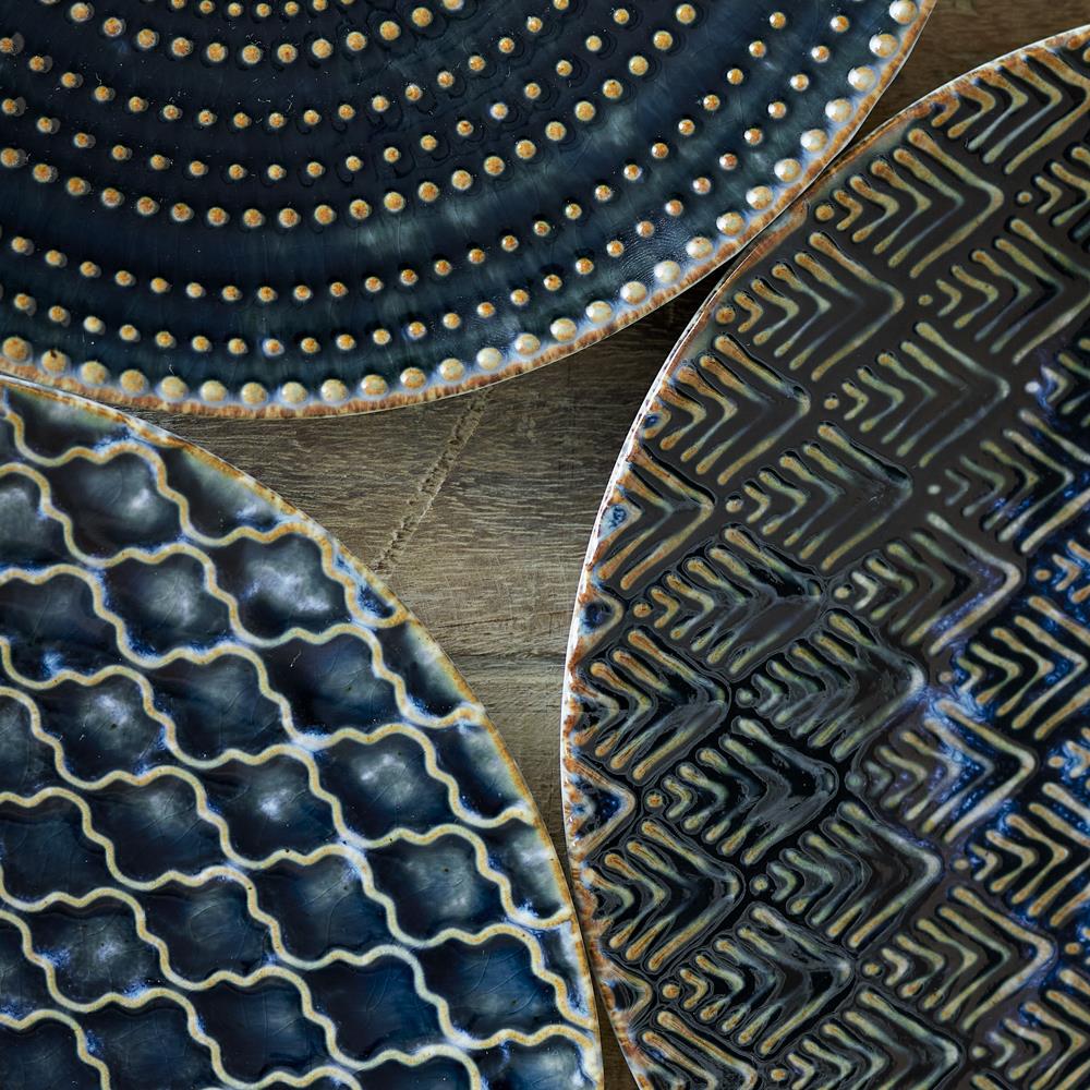 Bloomingville Elanor Teller 3er Set aus Steingut in Blau, dekorative Speiseteller mit reaktiver Glasur