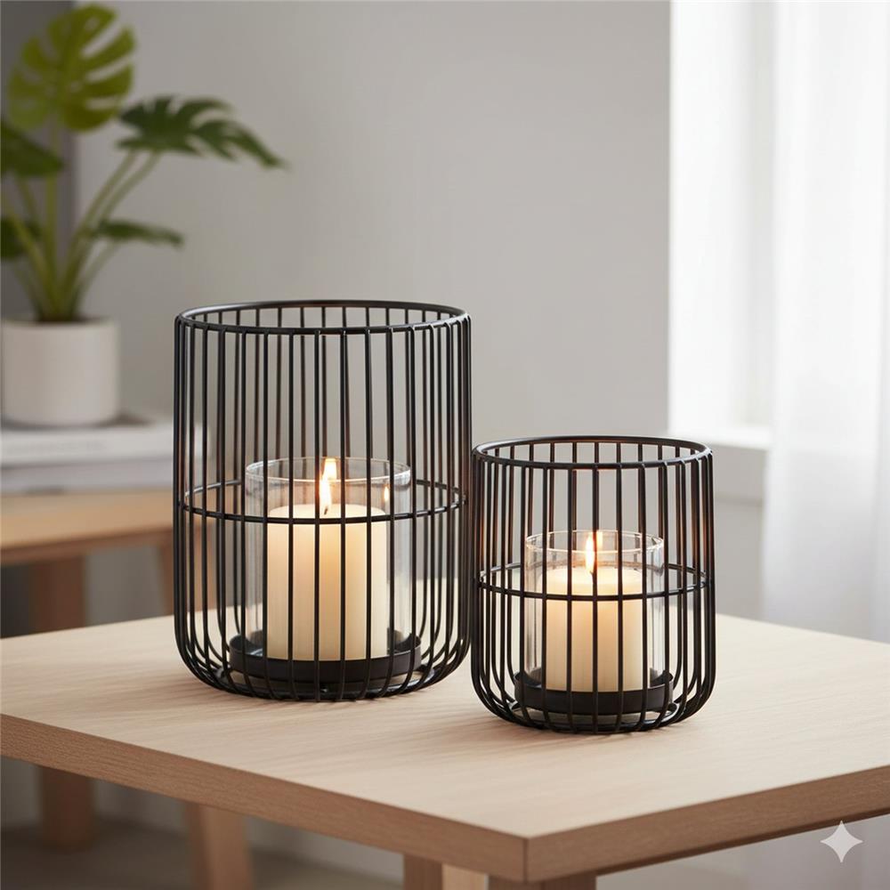 BOLTZE Windlicht Cindy 2er Set Metall Glas schwarz rund skandinavisch