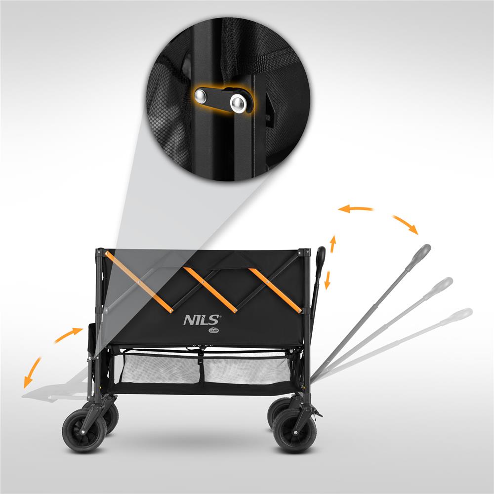 NILS CAMP Bollerwagen XXL 160L in Schwarz Orange - faltbarer Campingwagen mit Netzablage
