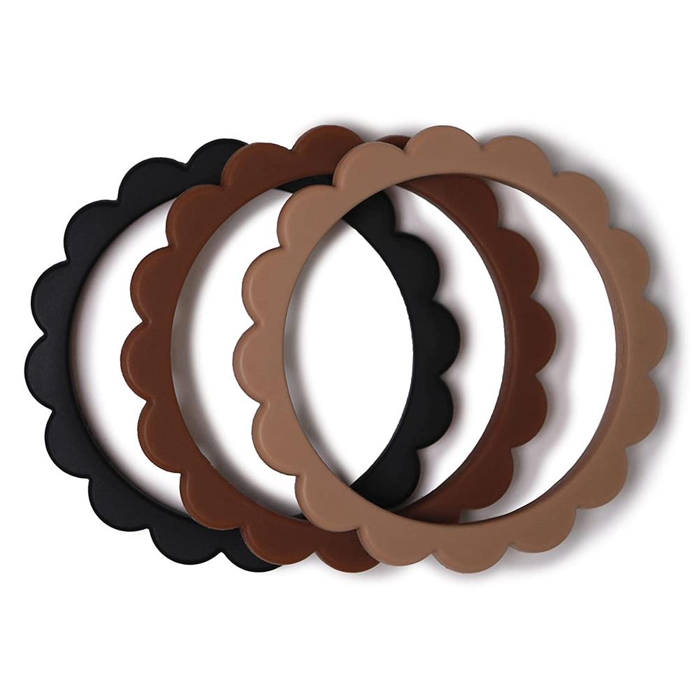 Mushie Beißring Blumen 3er Set, Black/Natural/Caramel, Armband aus Silikon, BPA-frei