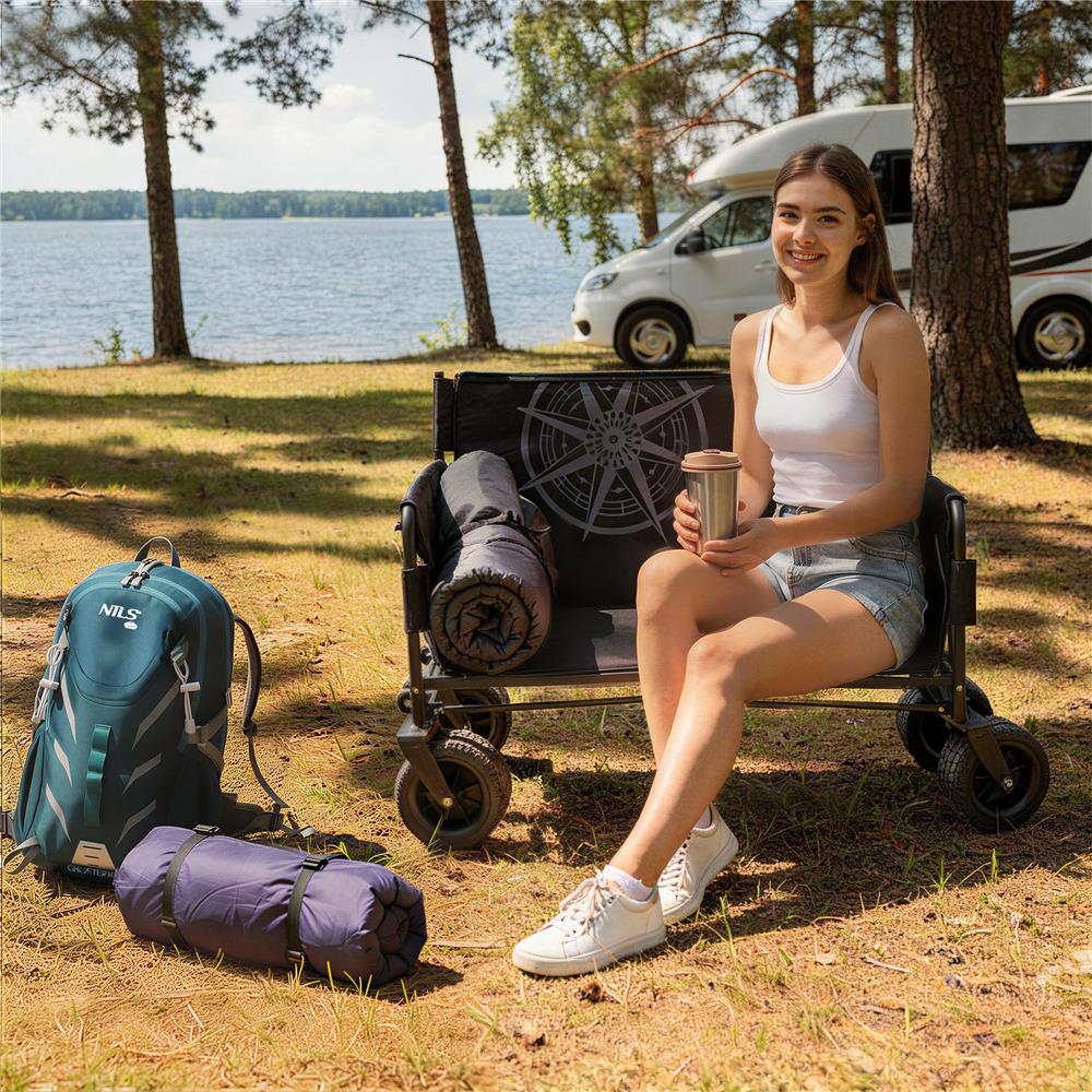 NILS CAMP Bollerwagen faltbar 140L in Grün - Strandwagen mit Sitzfunktion für Camping & Outdoor