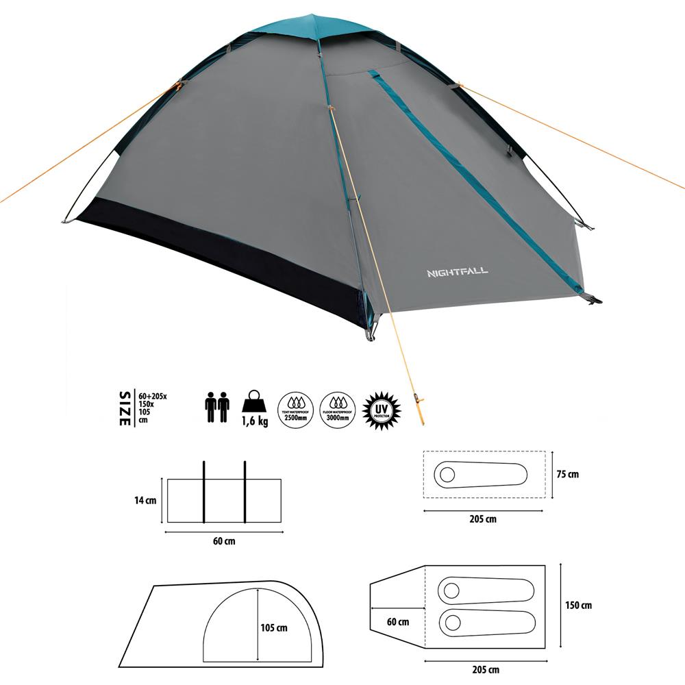 NILS CAMP Nightfall Zelt für 2 Personen in Grau - leichtes Campingzelt für Trekking, Berge & Outdoor