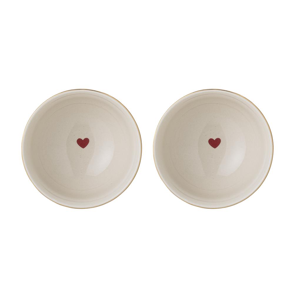 Bloomingville Jolly Schale 2er Set – Steingut Schüsseln mit roten Herzen, Ø14 cm, dänisches Design