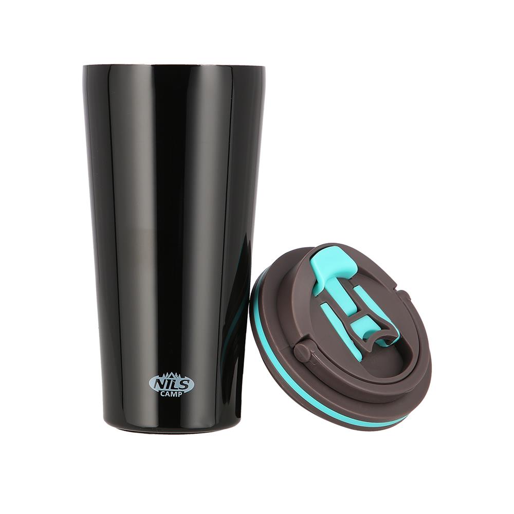 NILS Thermobecher 500 ml Edelstahl schwarz rutschfest mit Griff für Outdoor Alltag