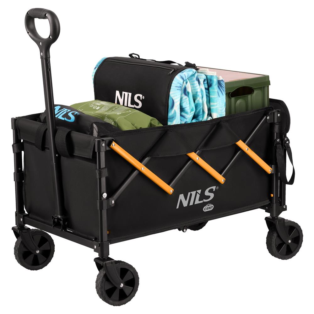 NILS CAMP Bollerwagen faltbar 100L in Schwarz Orange - kompakter Campingwagen für Strand & Outdoor