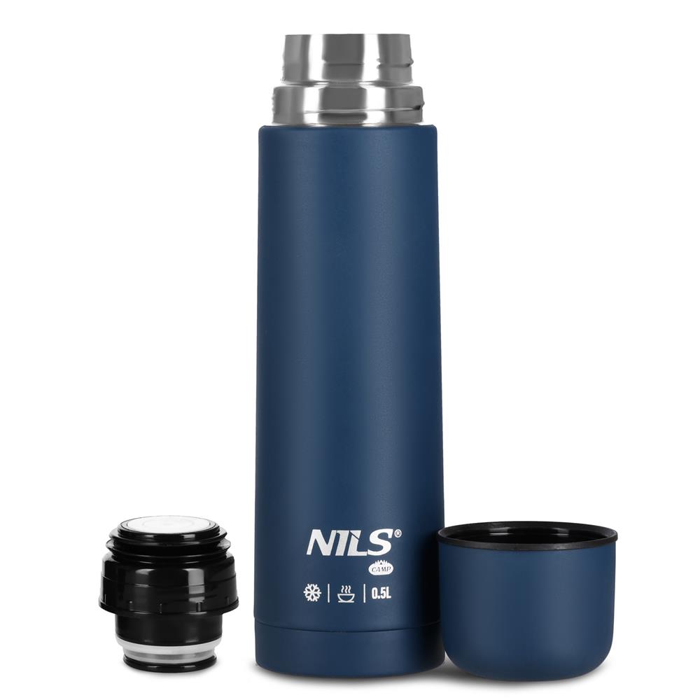 NILS CAMP Thermoskanne 0,5L Edelstahl blau isoliert für Camping Reisen Alltag