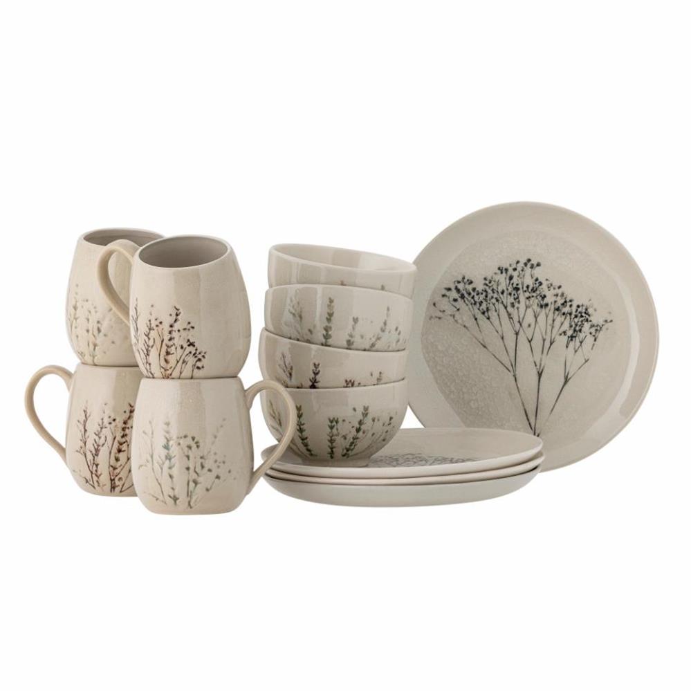 Bloomingville Bea Frühstück Geschirrset 12-tlg. Natur Steingut handbemalt mit Crackle-Glasur