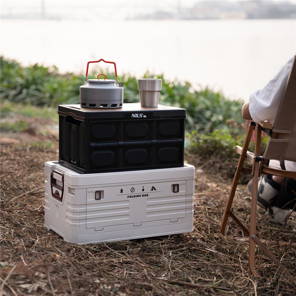 NILS CAMP faltbare Campingbox mit Tischfunktion 20L in Schwarz - kompakte Reisebox