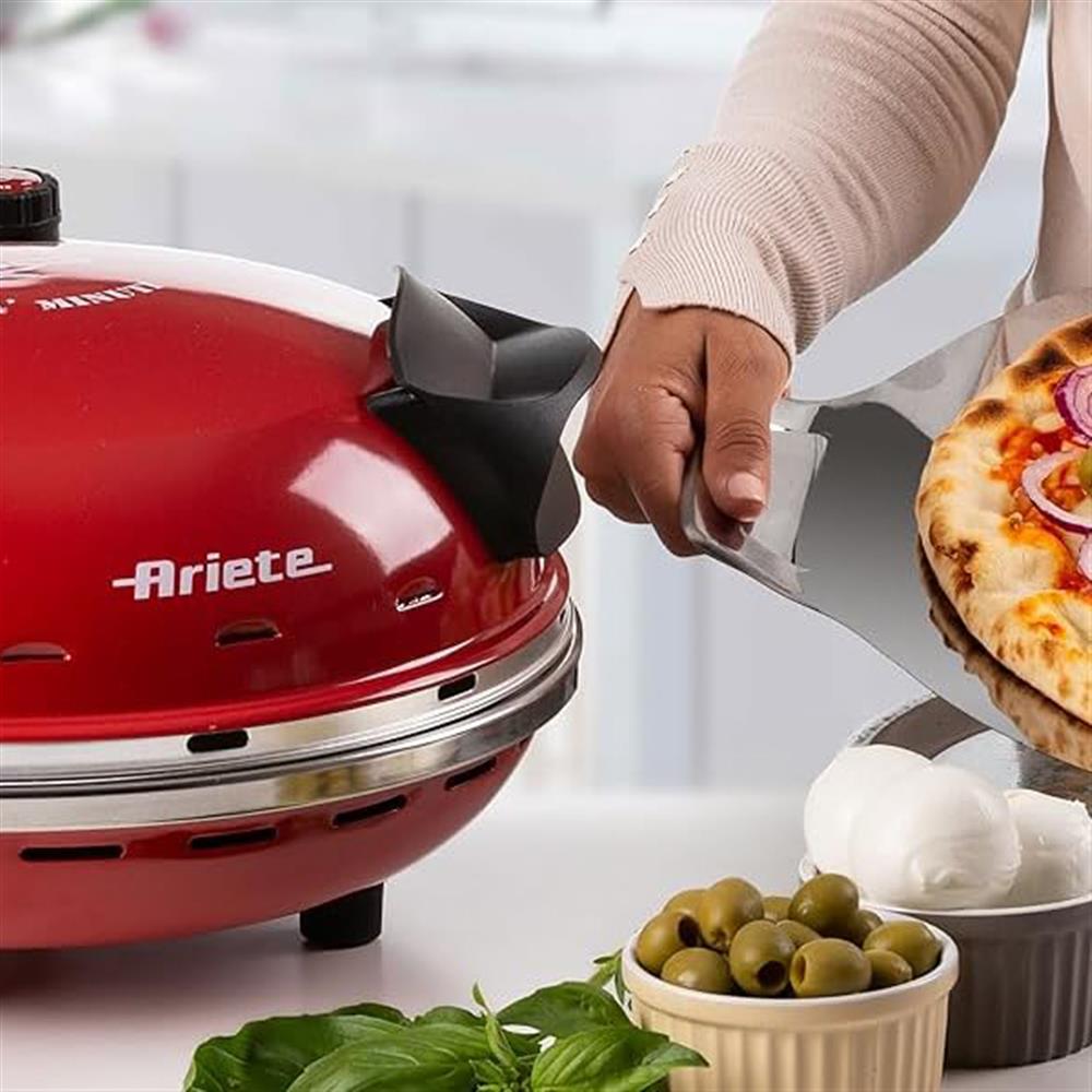 Ariete 4-Minuten-Pizzaofen, Rot, Pizzamaker mit Pizzastein 32 cm, 400°C, 1200W