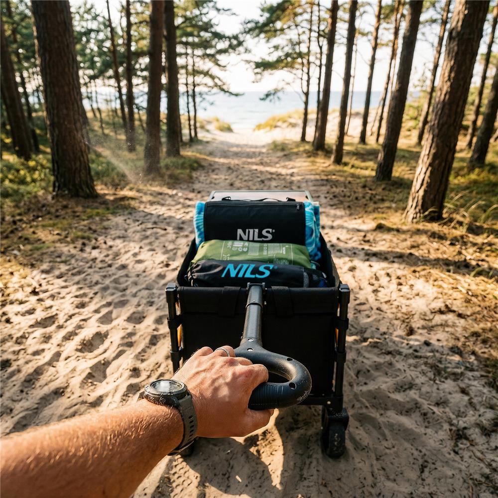 NILS CAMP Bollerwagen faltbar 100L in Schwarz Orange - kompakter Campingwagen für Strand & Outdoor