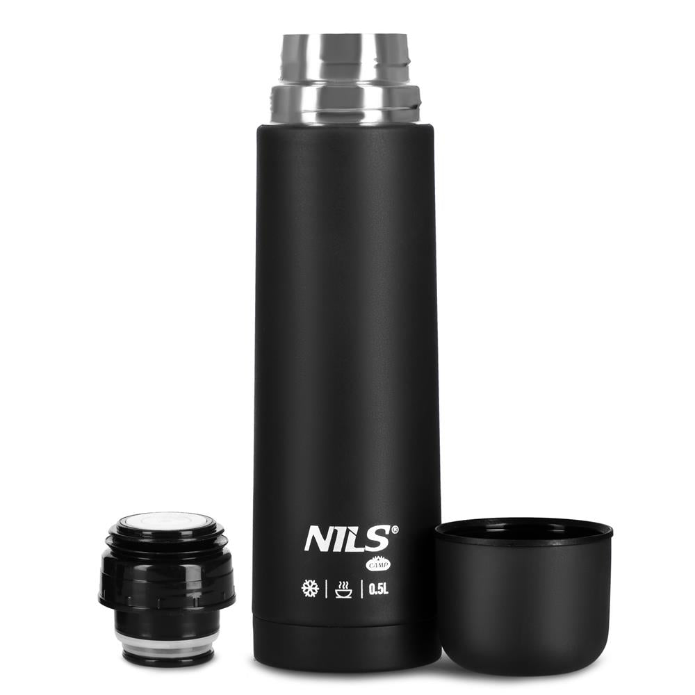 NILS CAMP Thermoskanne 0,5L Edelstahl schwarz isoliert für Camping Reisen Alltag