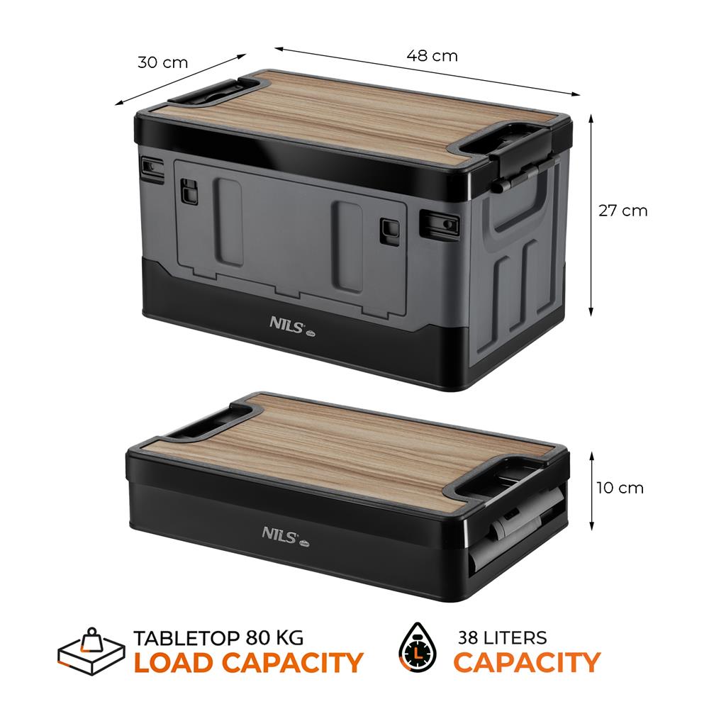 NILS CAMP Transportbox 38L Grau - klappbare Campingbox mit Tischfunktion für Outdoor & Auto