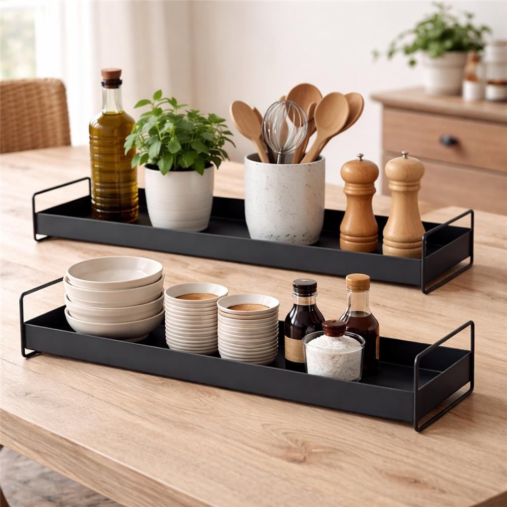 BOLTZE Tablett Wolga 2er Set Metall schwarz rechteckig mit Henkel modern