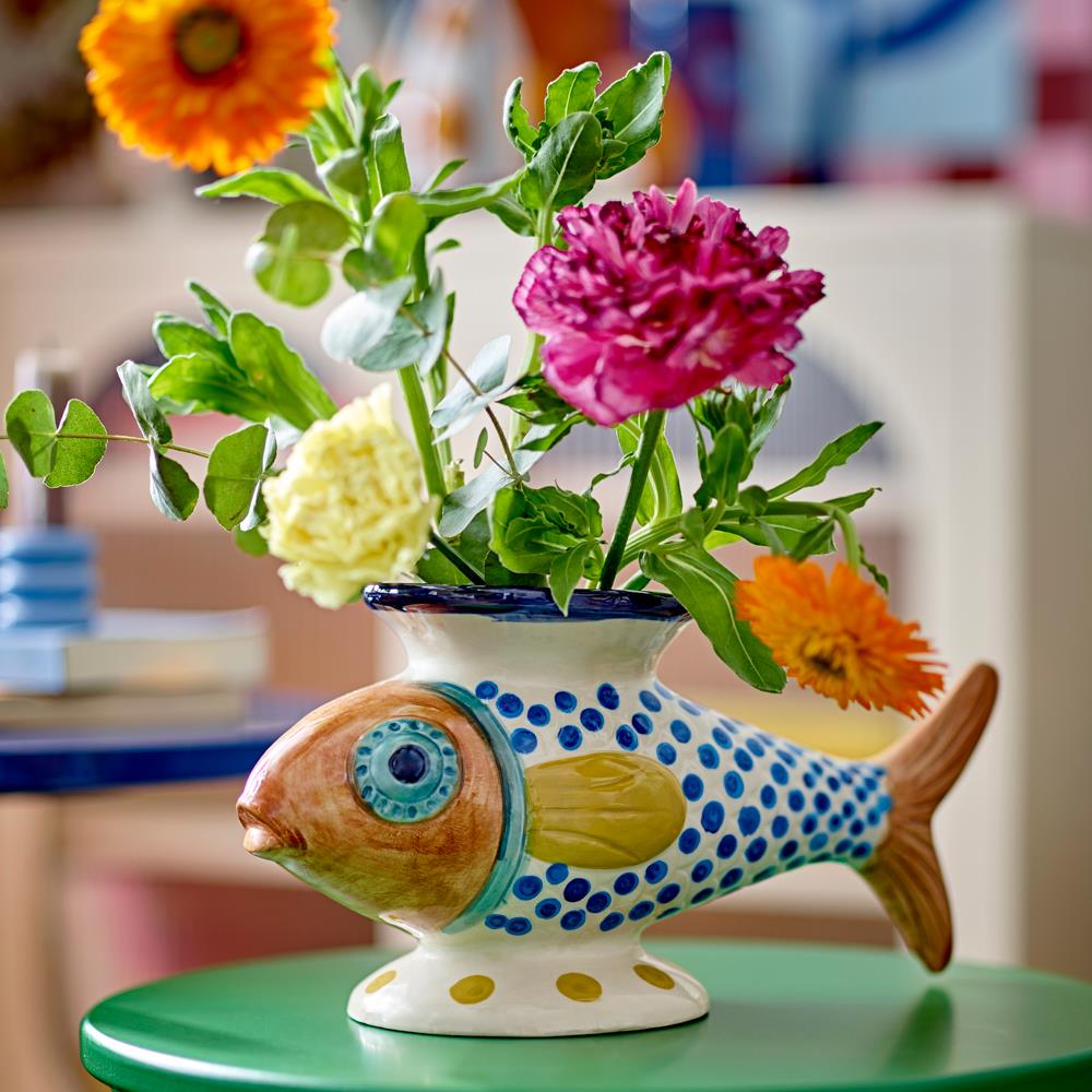Bloomingville Nobu Vase bunt - Steingut Fisch Vase handbemalt für Wohnzimmer & Deko