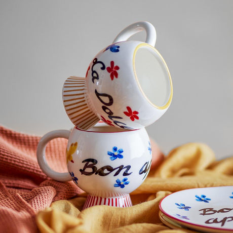 Bloomingville Lindsay Tasse 4er Set 233 ml bunt - Steingut Tassen mit Blumen & Schrift