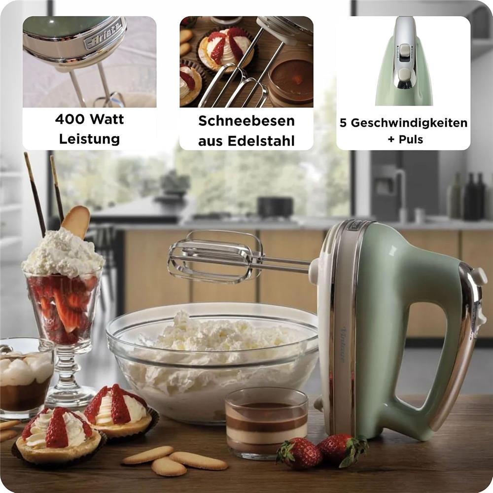 Ariete Vintage Handmixer, Grün, Elektrischer Mixer 450W, 5 Stufen Turbo, Schneebese, Knethaken
