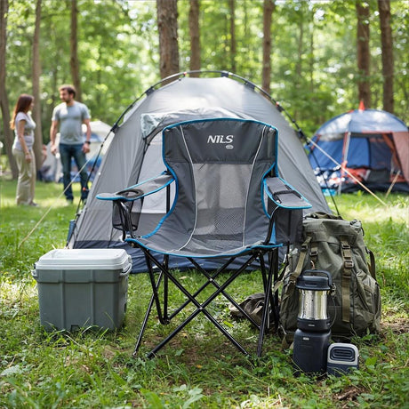 NILS CAMP Campingstuhl klappbar Grau - Klappstuhl mit Taschen & Becherhalter für Camping